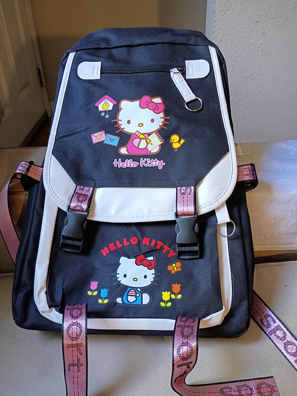 New Hello Kitty Black Backpack with White Trim and Pink Accents